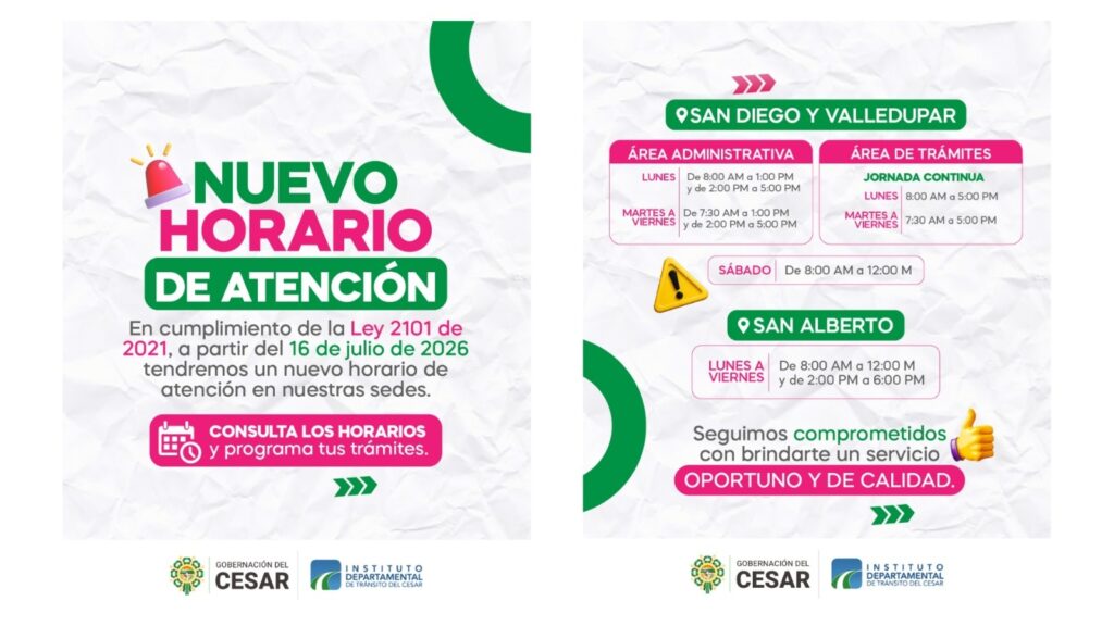Nuevo Horario de Atención IDTRACESAR